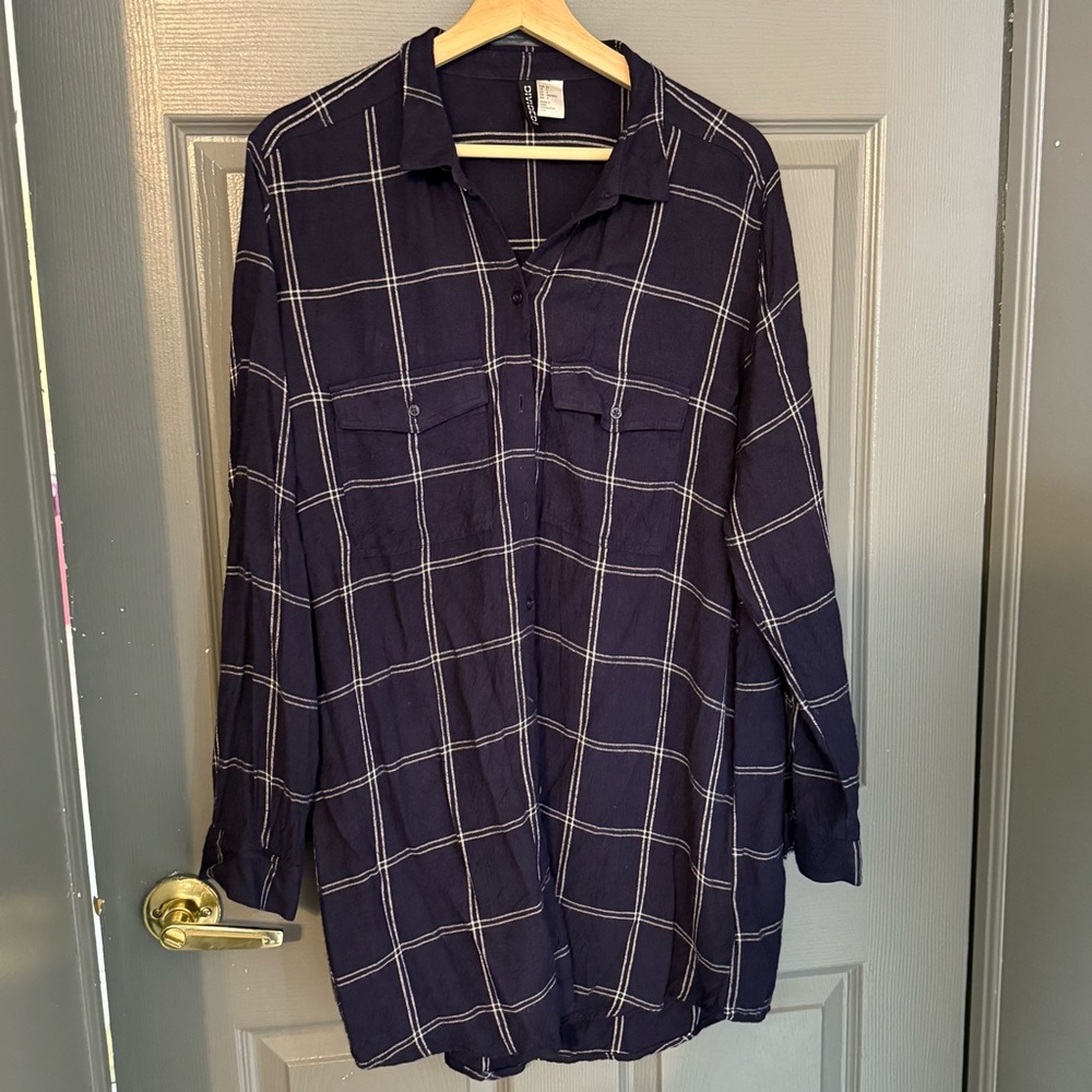 H&M Navy Plaid Long Shirt